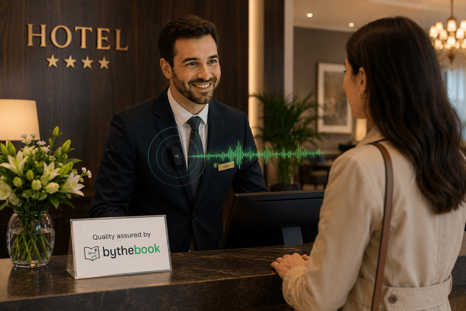 Hotel front desk associate greeting a guest, with a 'Quality assured by bythebook' placard on the counter and a soundwave overlay showing the conversation being captured.
