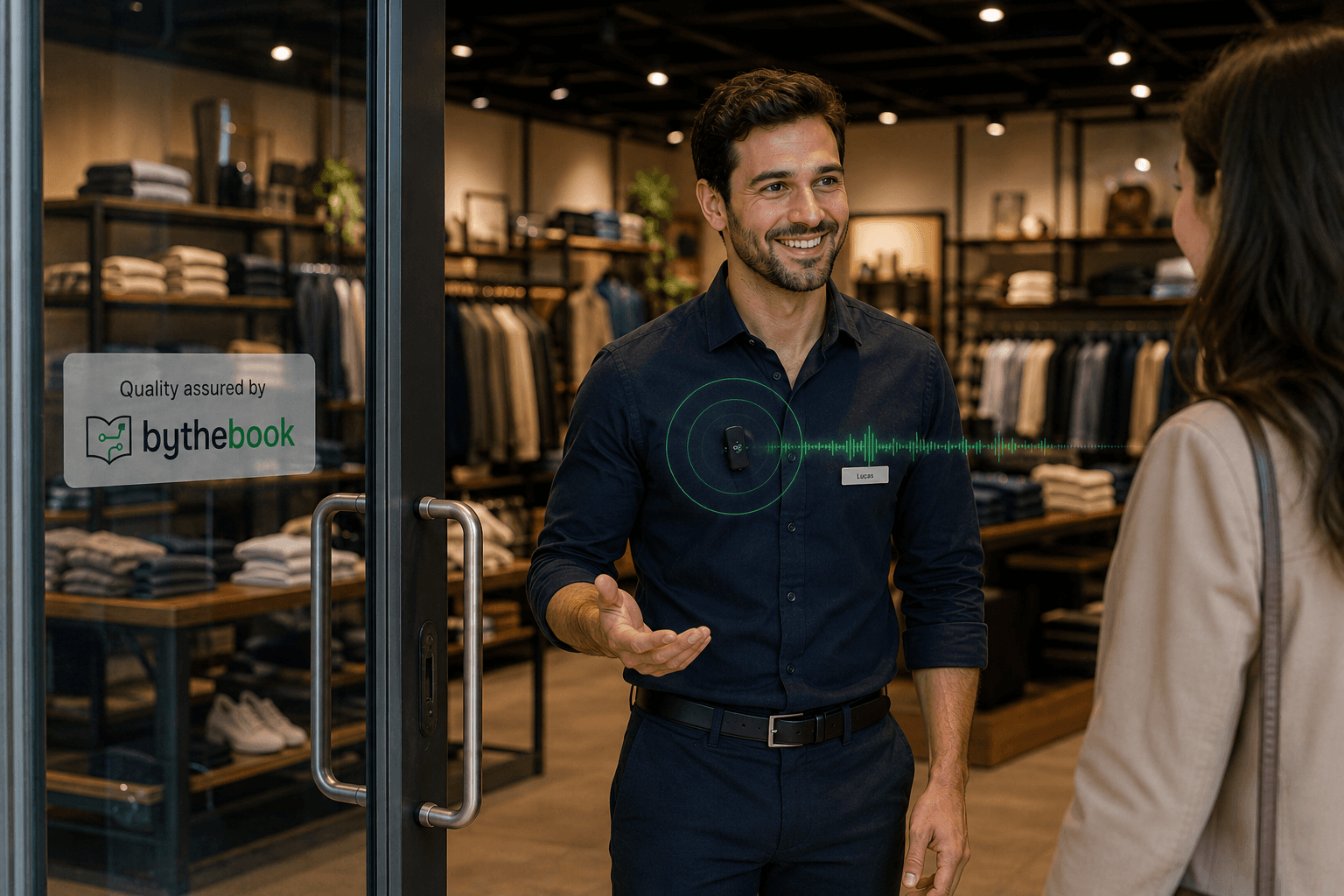 Sales associate greeting a customer at the entrance of a clothing store, with a 'Quality assured by bythebook' decal on the door and a soundwave overlay showing the conversation being captured.